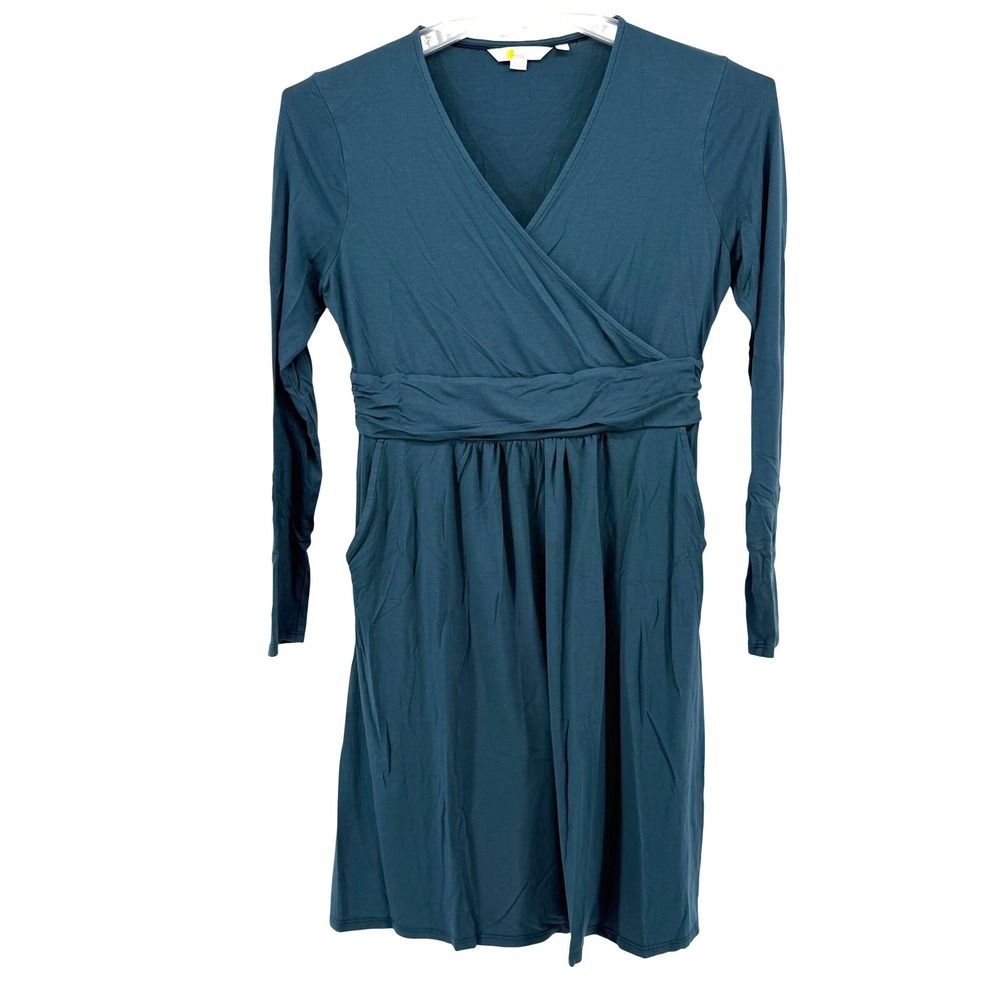 Boden Teal Green Long Sleeve Faux Wrap Jersey Dress Pockets US 8P UK 12P